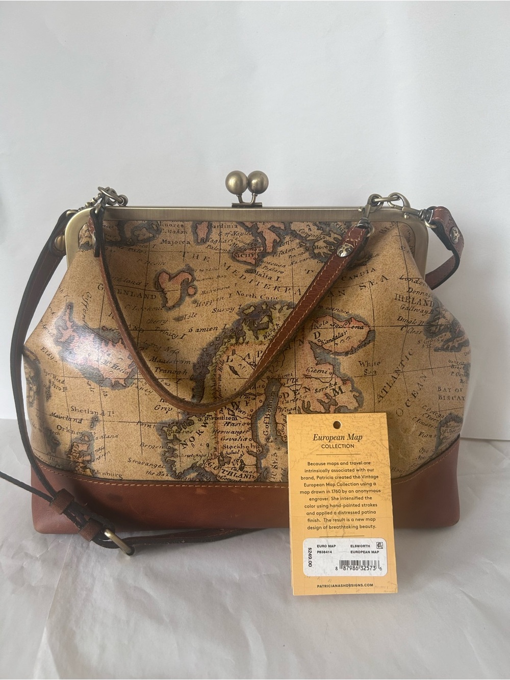 Patricia Nash Elsworth   European Map Frame-Top Shoulder Bag in Tan and Brown